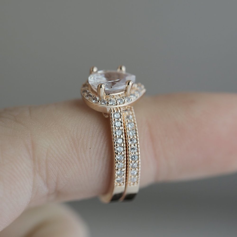 💎 Elegant Beautiful Pear Micro Pave Water Drop Rose Gold Ring Set Women, VIP393 - Picture 4 of 4